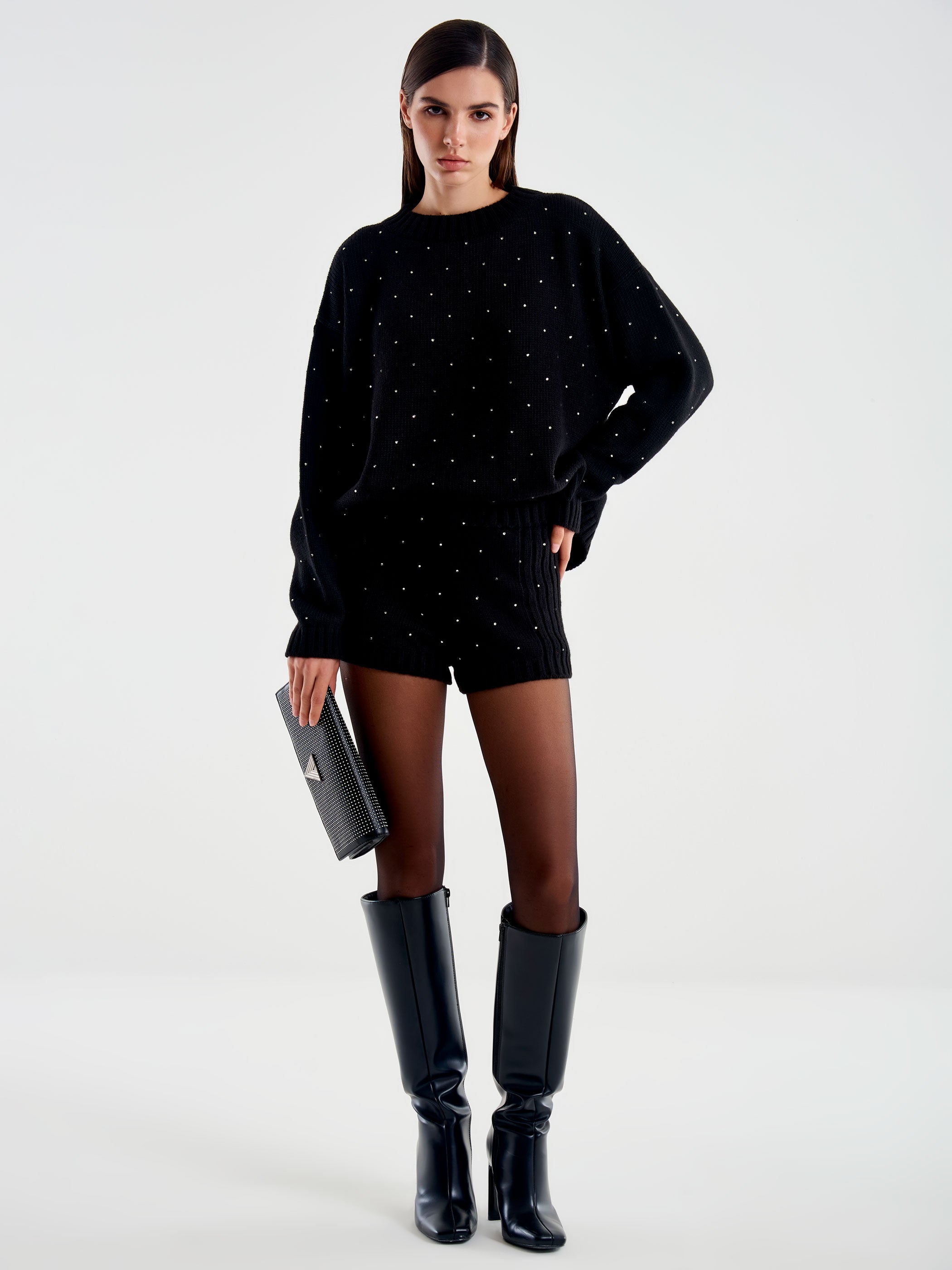 Vicolo Shorts in Maglia con Strass Nero