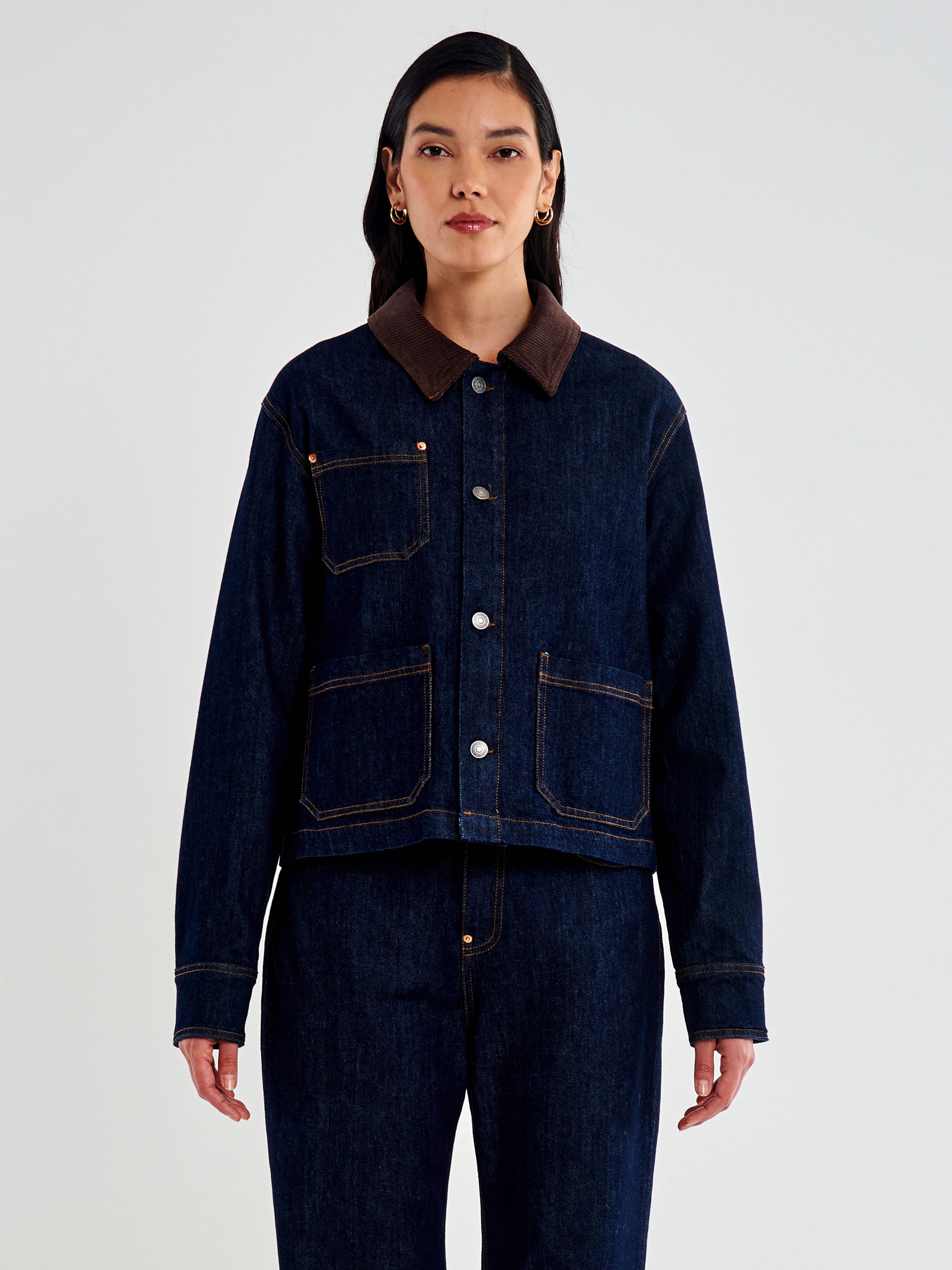 Giacca in Denim Con Colletto in Velluto