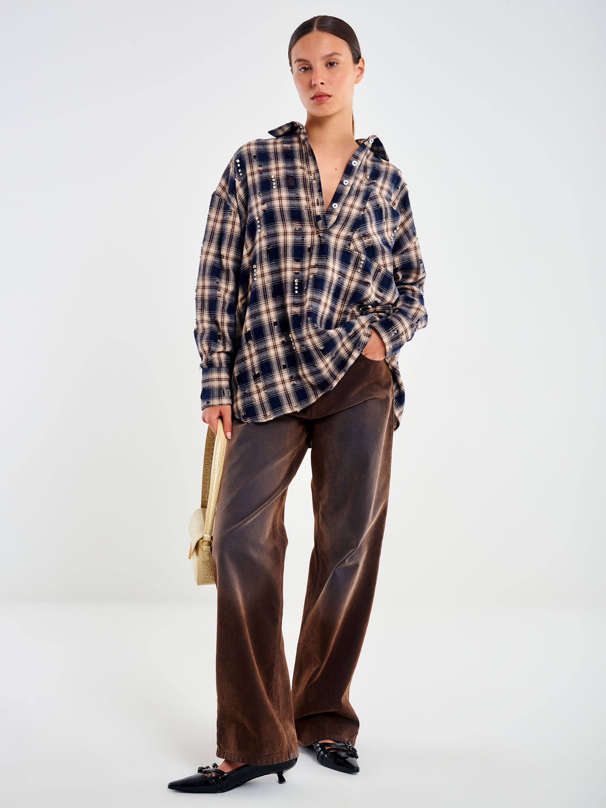 Camicia a Quadri con Strass Applicati