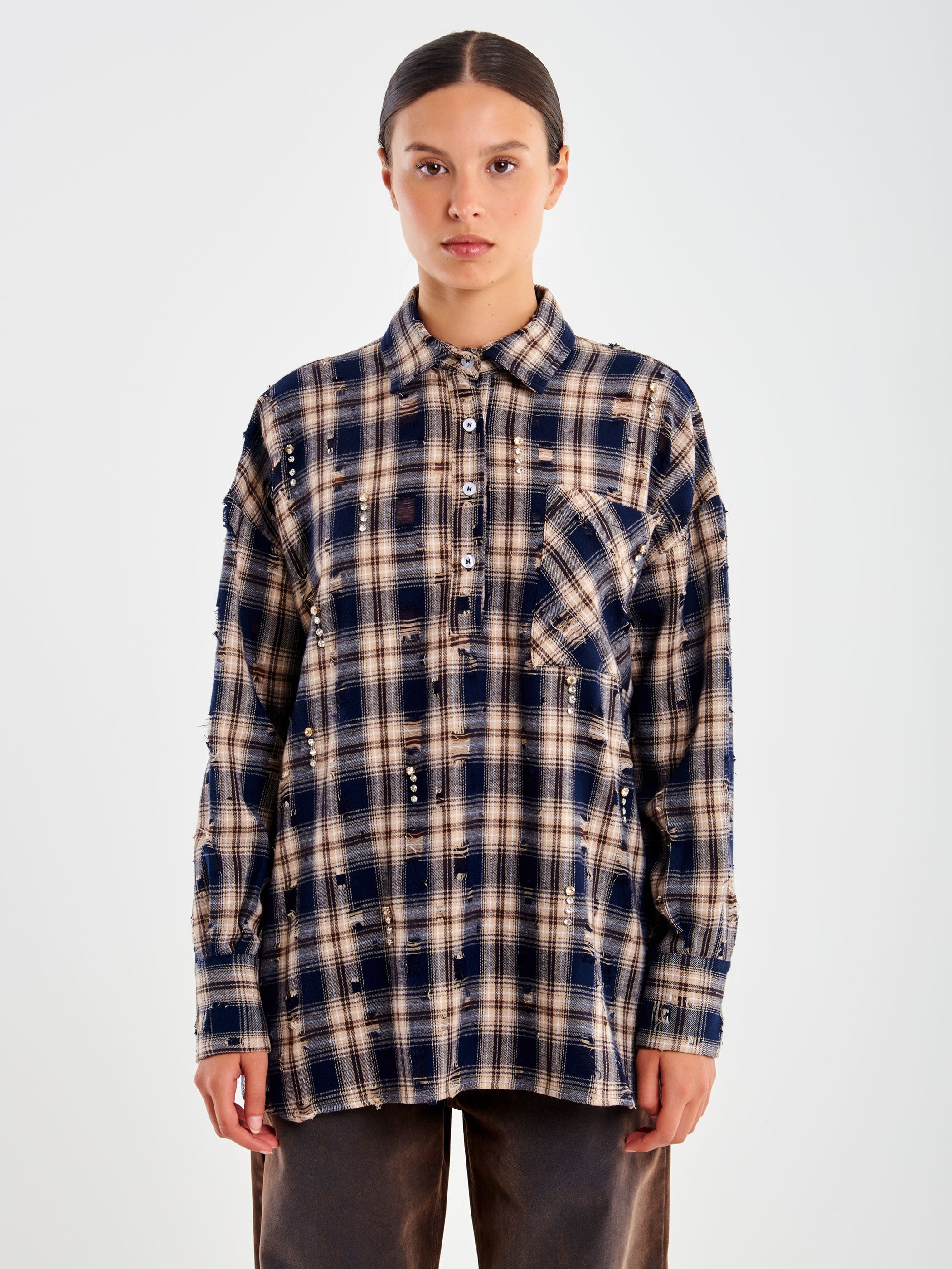 Camicia a Quadri con Strass Applicati