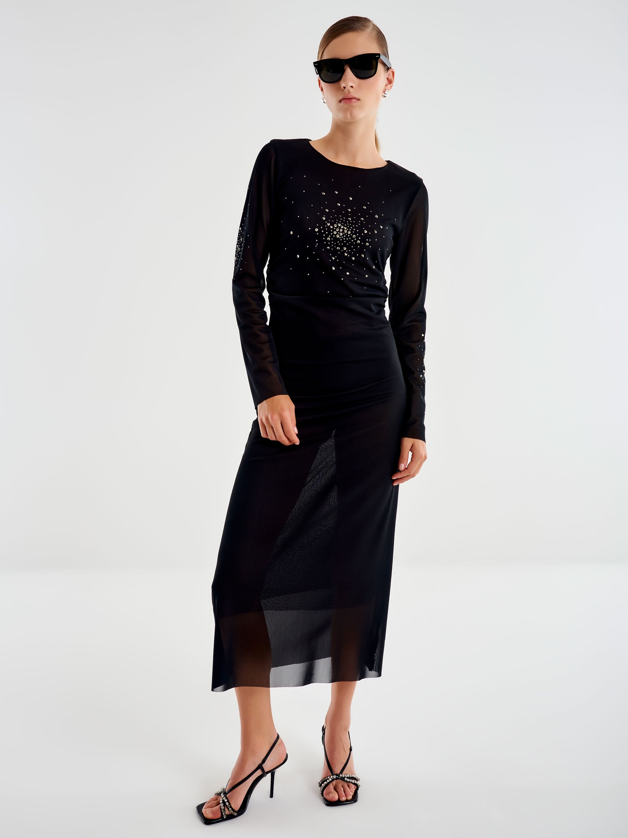 Vicolo Abito lungo in Tulle Trasparente con Strass Nero