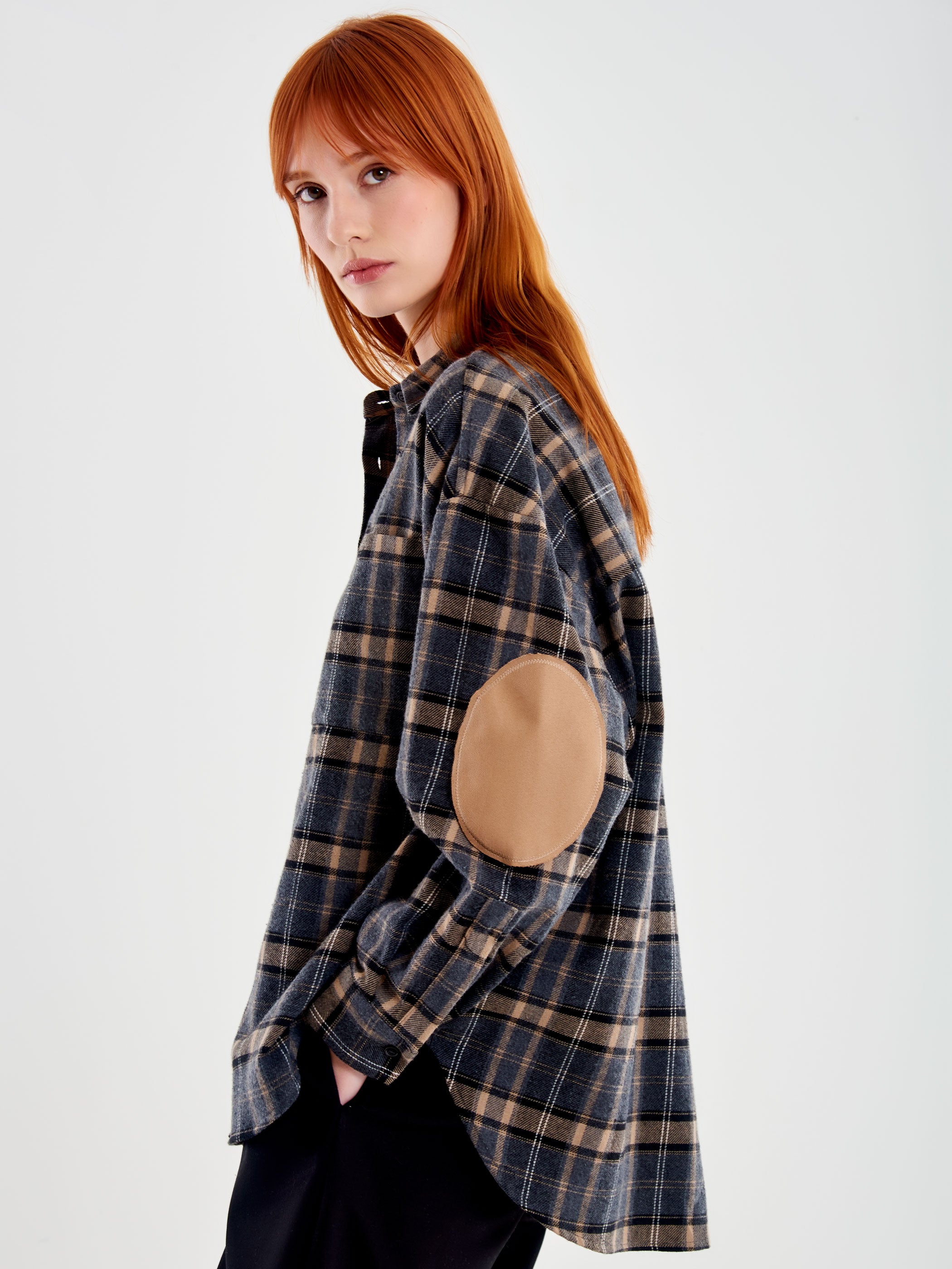 Vicolo Camicia Oversized Check con Toppe Beige