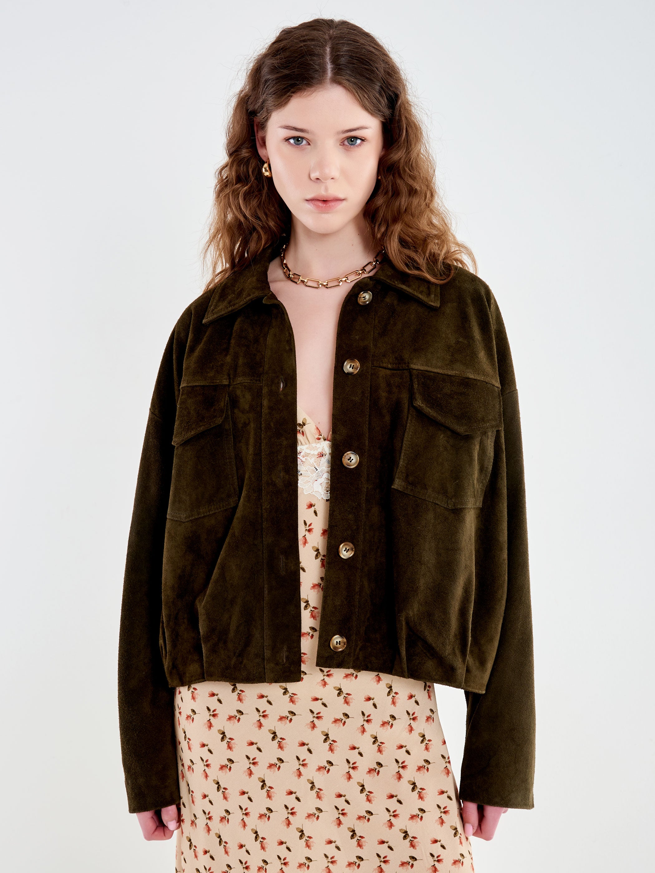 Bomber Scamosciato in Pelle con Tasche