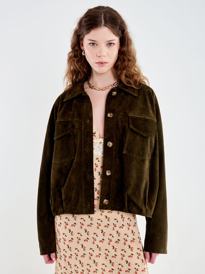 Bomber Scamosciato in Pelle con Tasche