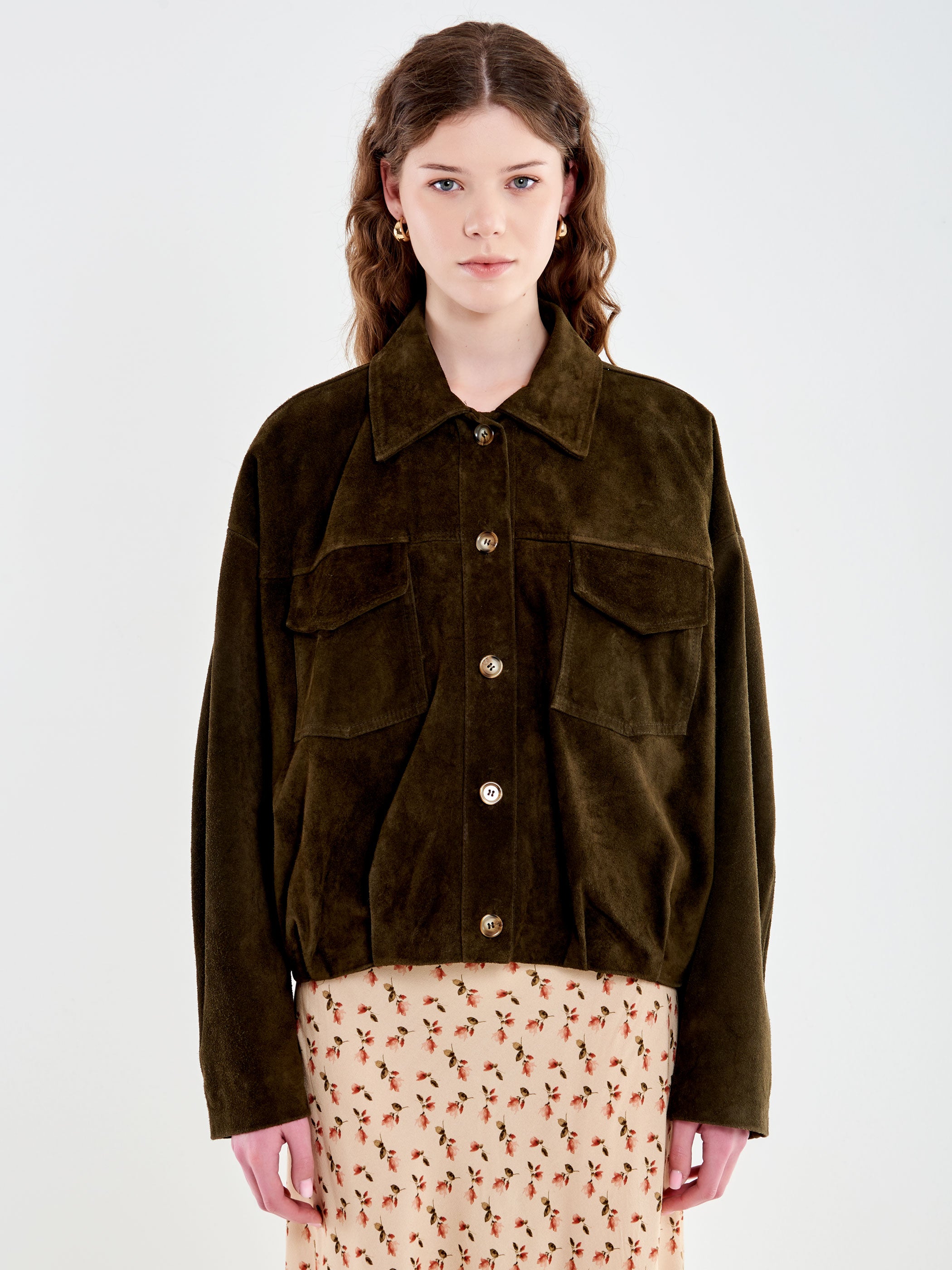 Bomber Scamosciato in Pelle con Tasche