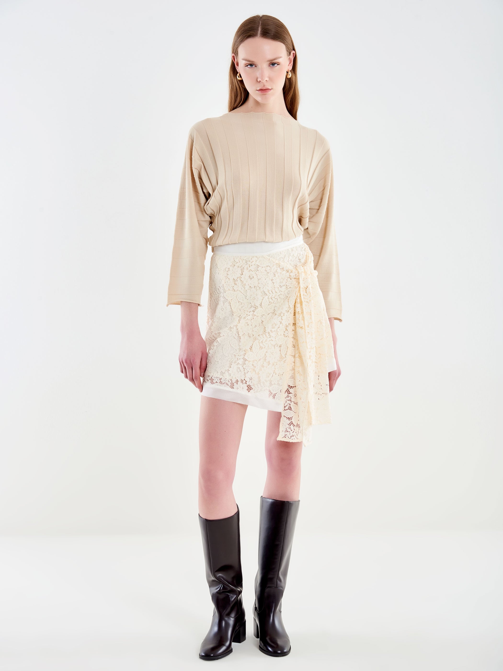 Minigonna da donna con pizzo a gradini, Y2K, vita bassa, pieghettata, volant, minigonna, estiva, multistrato, fluente, gonna corta, gonna da spiaggia, sottogonna, beige., L