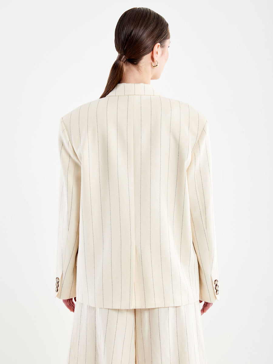 Beige Double-Breasted Pinstriped Oversized Blazer | Vicolo