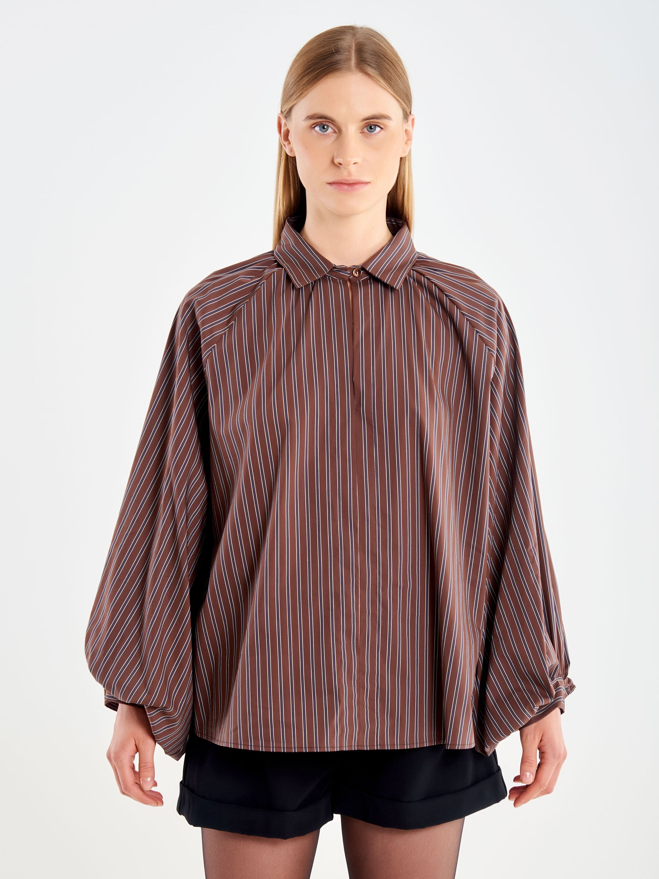 Striped Balloon-Sleeve Shirt