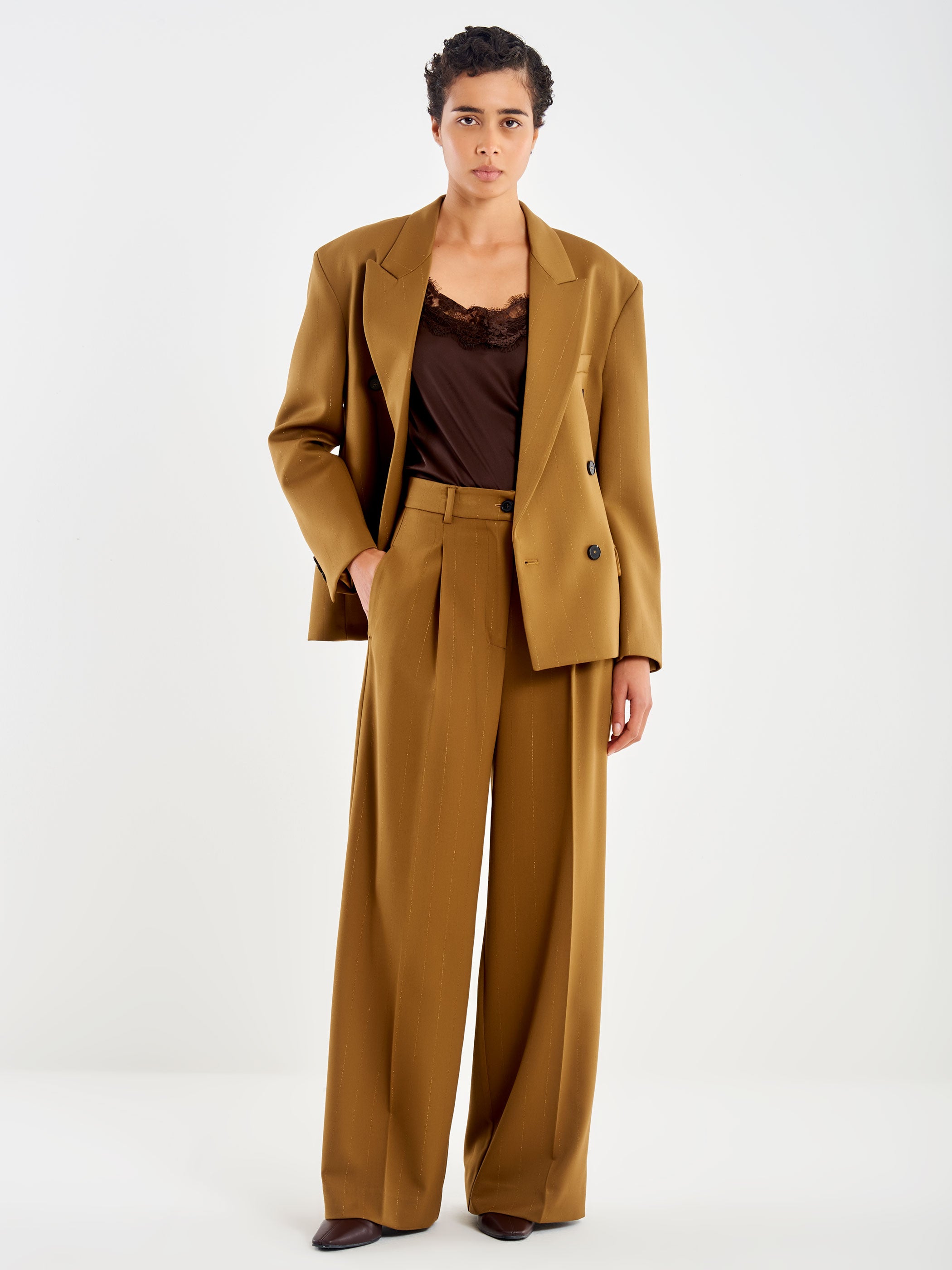 Pantalone Palazzo Gessato con Pieghe Verde Vicolo