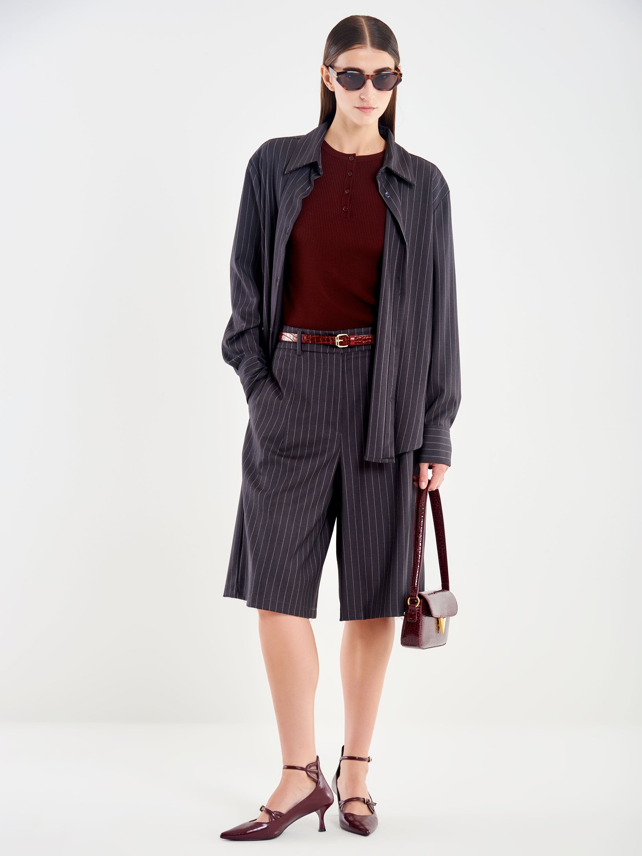 Grey Baggy Pinstriped Bermuda Shorts Vicolo