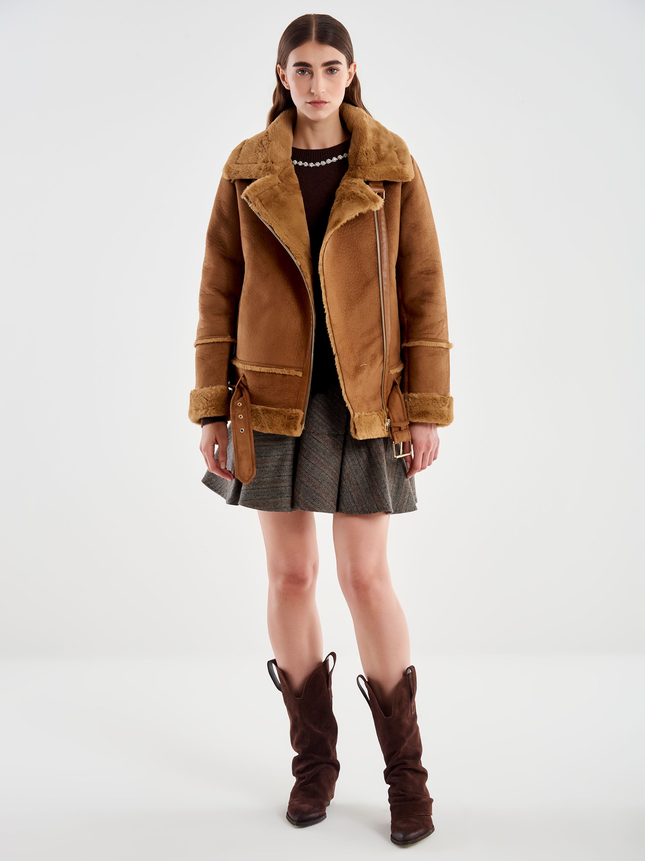 Vicolo Giubbotto Biker Oversized Scamosciato Cammello