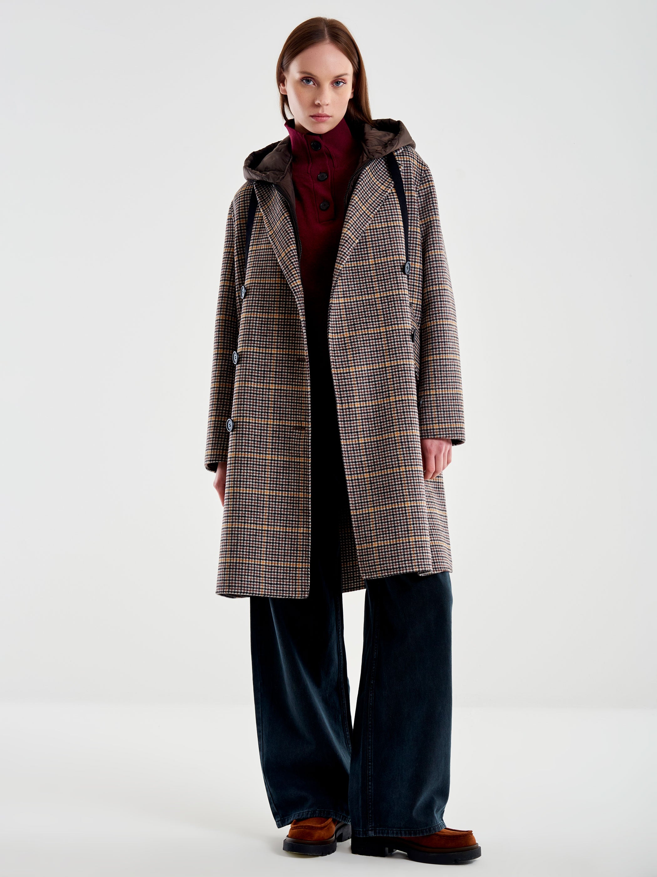 Vicolo Cappotto Check con Gilet Imbottito Beige