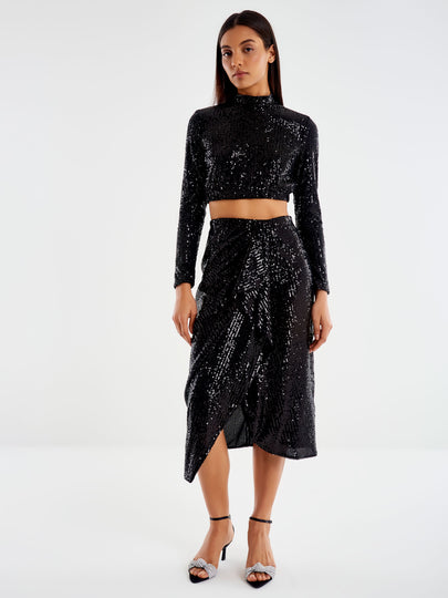 Sequined Draped Midi Skirt