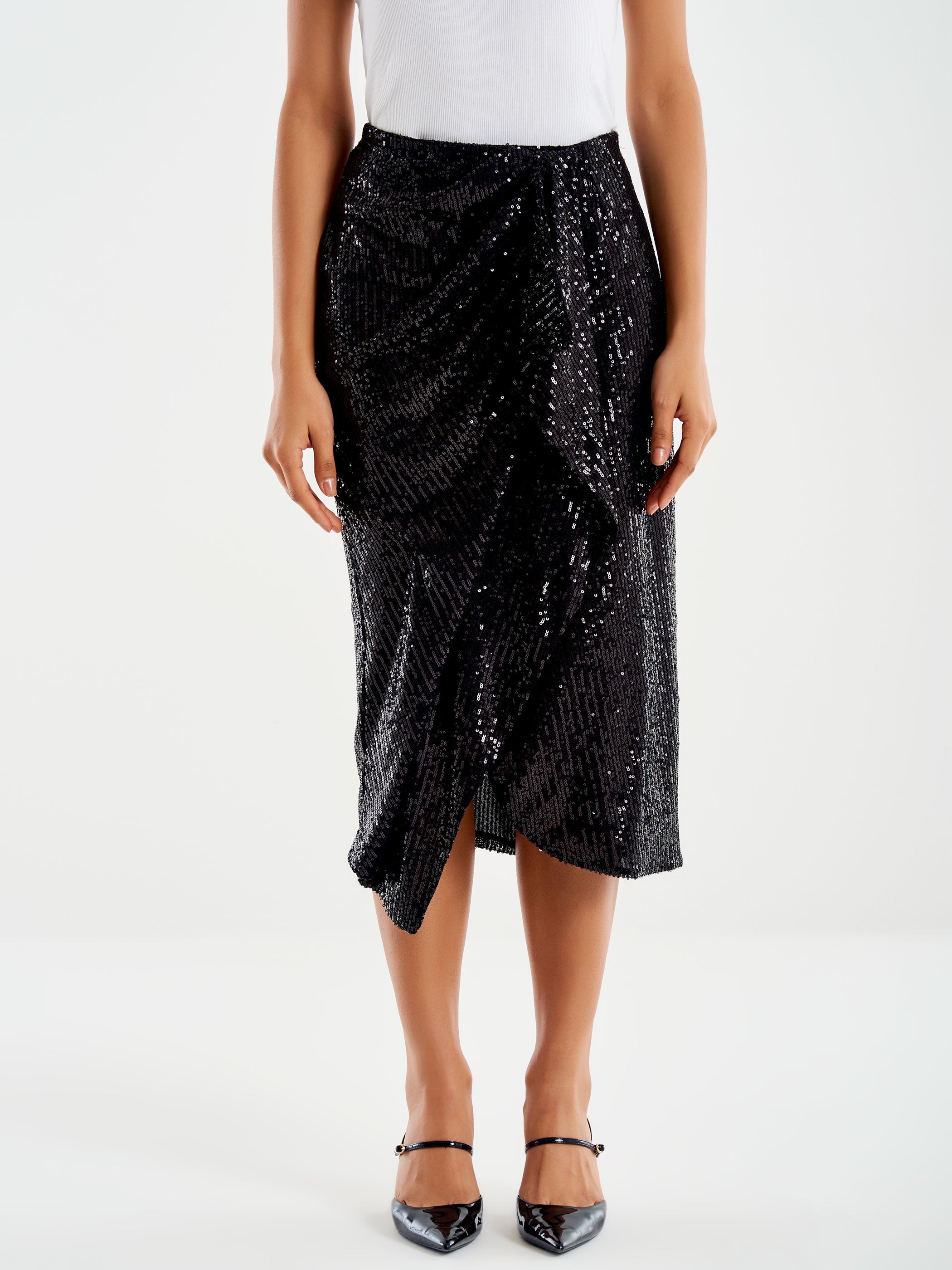 Sequined Draped Midi Skirt