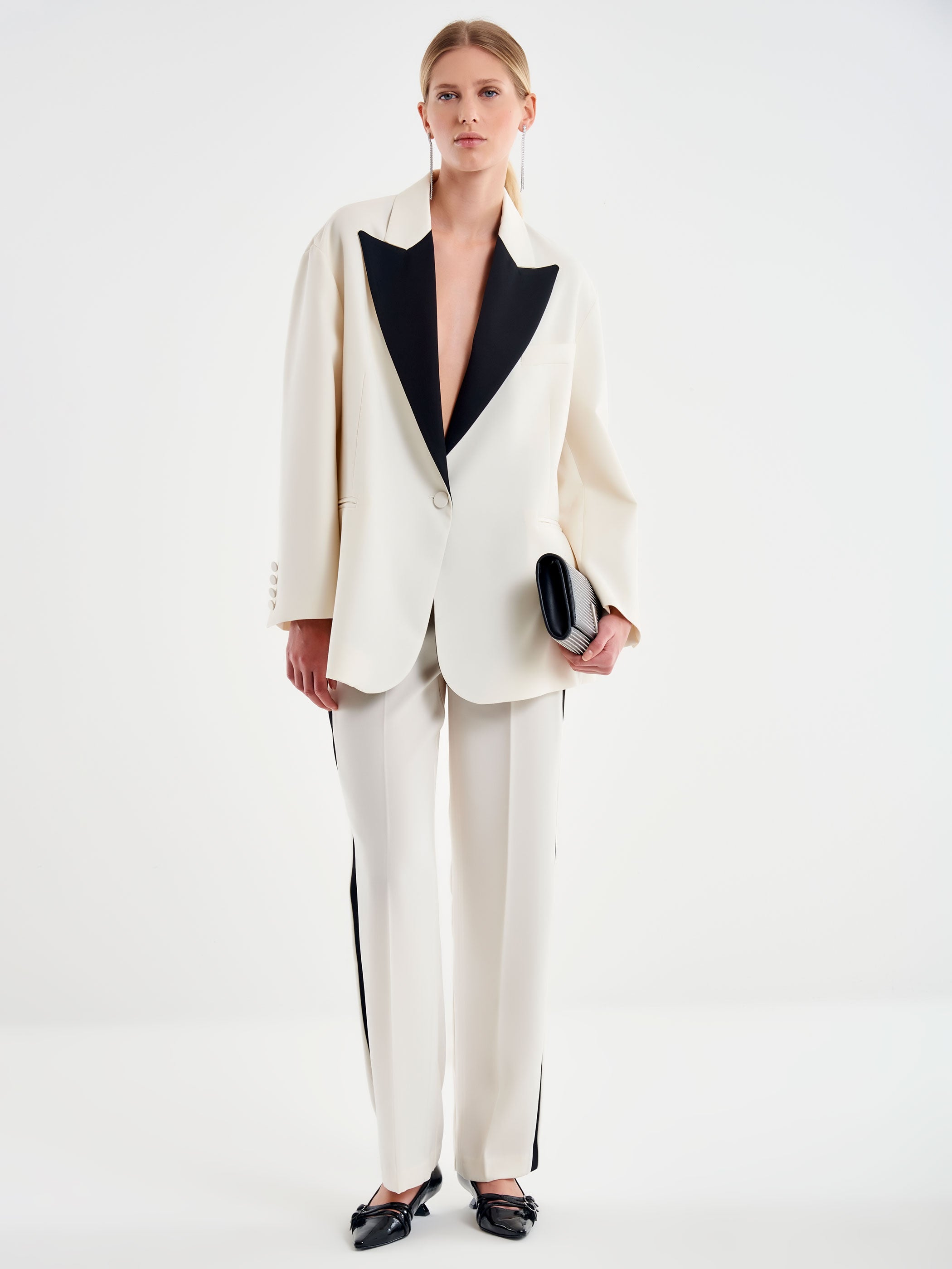 Vicolo Blazer Oversized con Revers a Contrasto Bianco