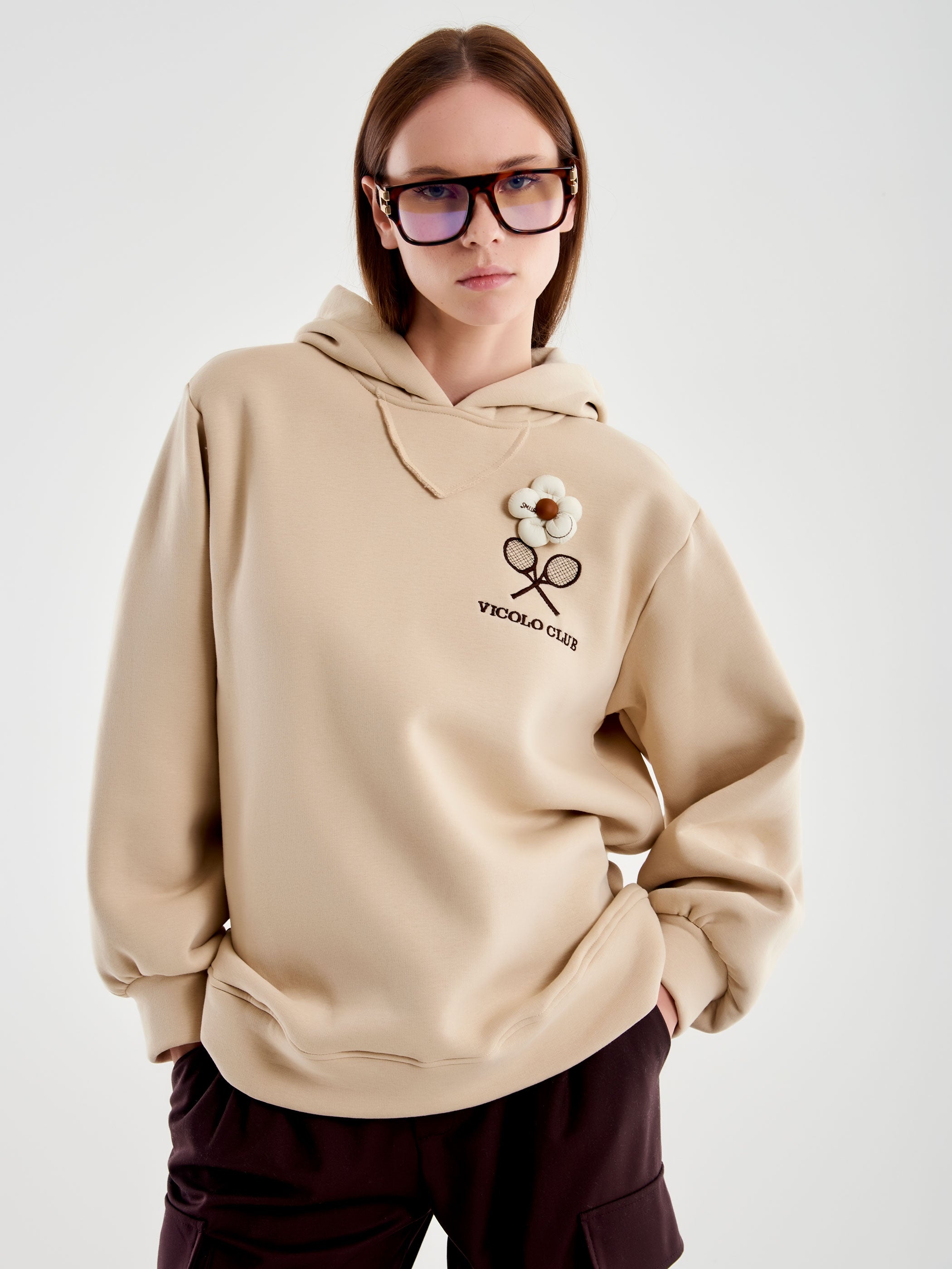 Vicolo Felpa Over con Cappuccio e Ricamo Beige