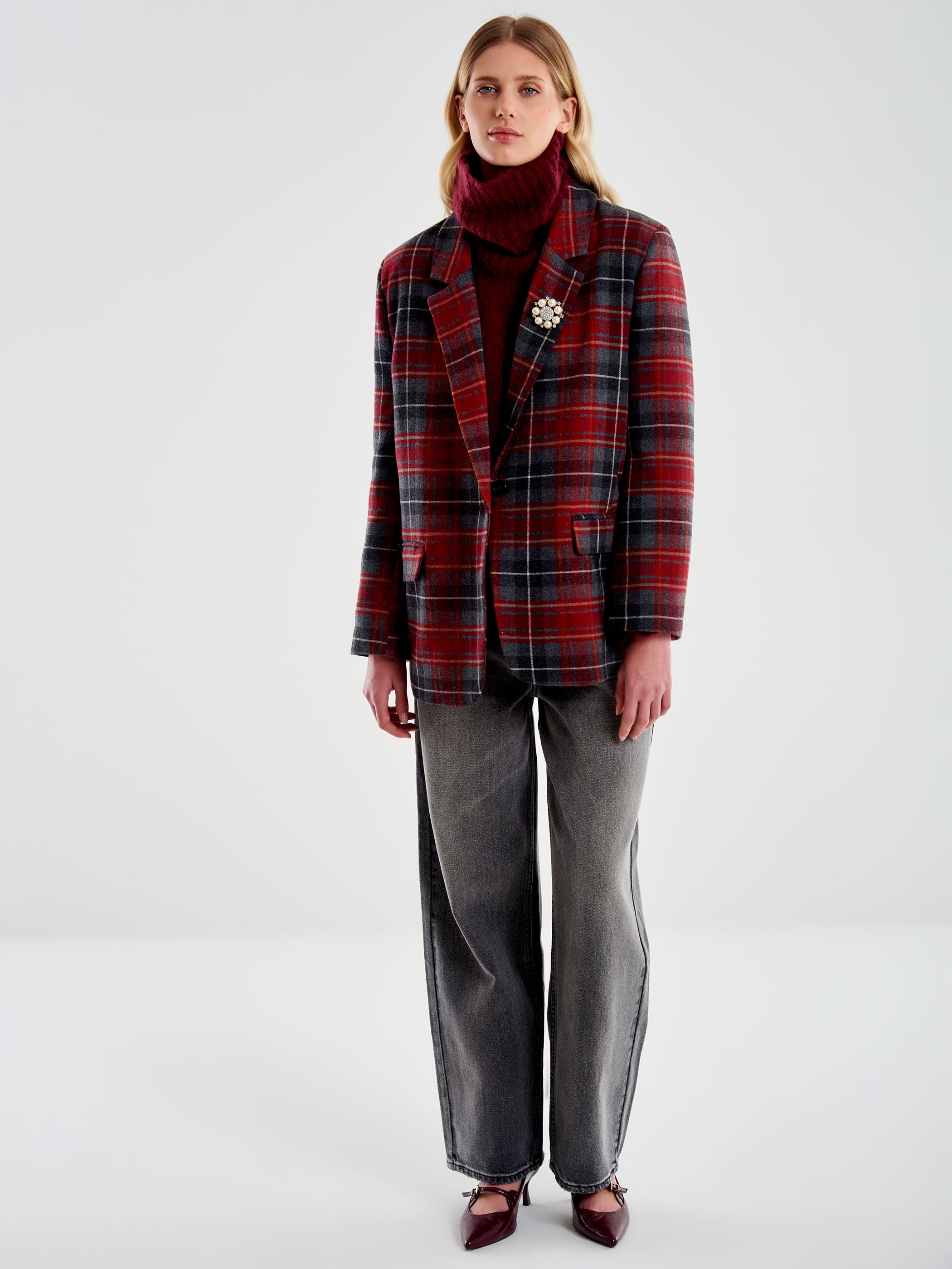 Vicolo Blazer Doppiopetto Over Spilla Quadri Bordeaux