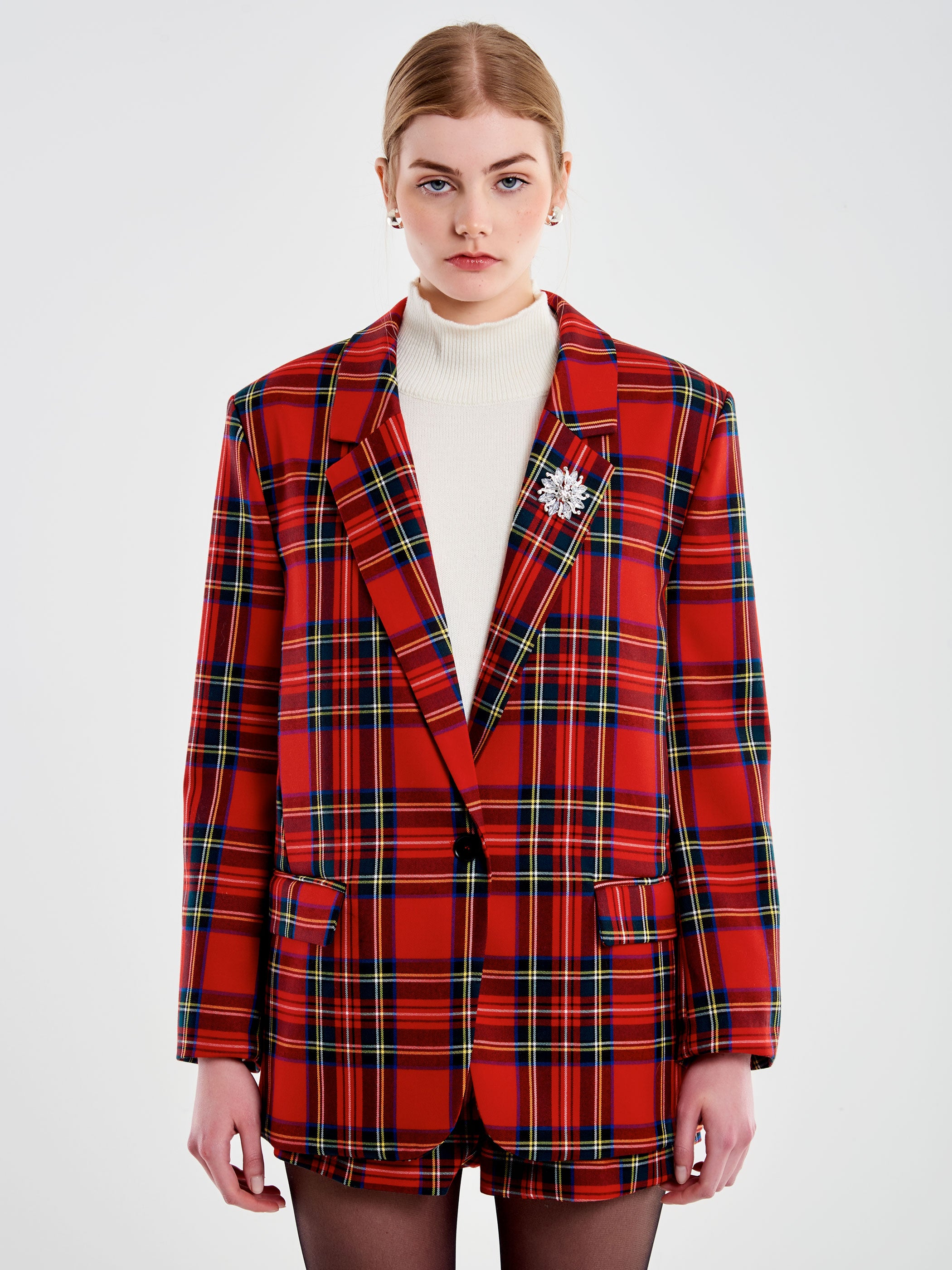 Blazer Over with Tartan Brooch