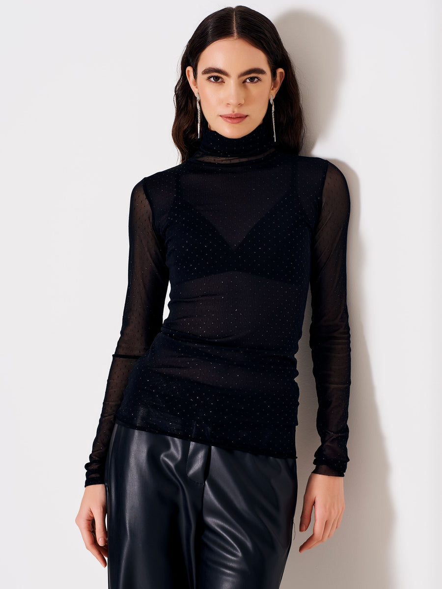 Black Tulle Turtleneck with Glitter Polka Dots | Vicolo